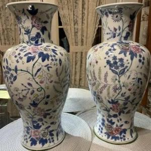 Photo of Vintage Pair of Heavy 18" Tall Chinese Floral Porcelain Vases Preowned from an E