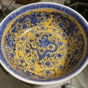 Photo of Very Heavy Kangxi Mark Dragon Bowl 15.25" Diameter in VG Preowned Condition with