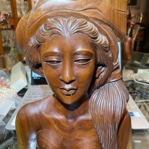 Photo of Vintage Balinese Wooden Girl Bust Carving 12.5" Tall in Good Preowned Condition.