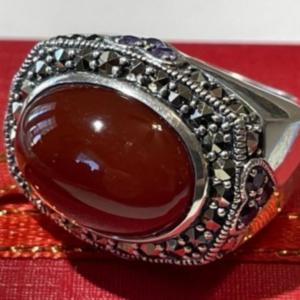 Photo of Vintage Marcasite Sterling Silver Cabochon Carnelian Ring Size-6 w/Amethyst Acce