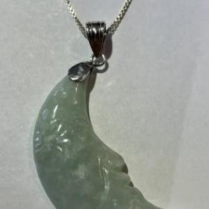 Photo of Vintage Sterling Silver Green Jade/Jadeite Carved Moon Pendant on a 18" Sterling