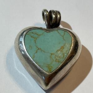 Photo of Vintage Sterling Silver Turquoise & Coral Inlaid Reversable Heart Pendant in Goo