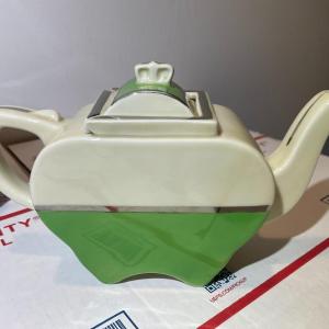 Photo of Vintage Art Deco Fraunfelter Ohio Pewter Green Slide Cover Porcelain Tea Pot in 