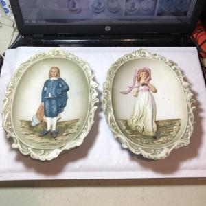 Photo of Vintage Pair of Lefton Handpainted Pinkie & Blue Boy Wall Art Porcelain Bisque W