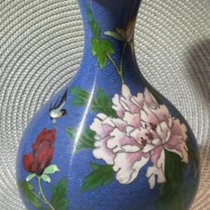 Photo of Gorgeous Chinese Cloisonne Blue Floral & Bird Enamel Vase 9" Tall in VG Preowned