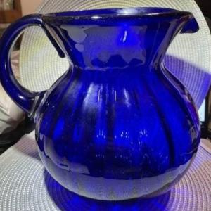 Photo of Vintage Large Hand-Blown Cobalt Blue Swirl Art Glass Pitcher 9" Tall Gallon Size
