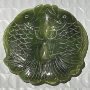 Photo of Vintage Chinese/Asian Dark Green Double Fish Jade Carved Pendant Needs Stringing