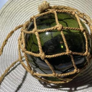 Photo of Vintage Japanese Blown Green Glass Nautical Fishing Float 5" Diameter in Net as 