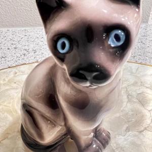 Photo of Vintage Ceramic Siamese Cat Figurine 7” Blue Glass Eyes