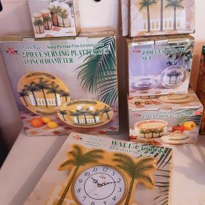 Photo of Palm Tree Kitchen Serving Set w Bowls Canister Clock etc