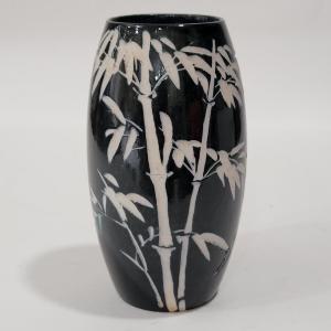 Photo of Asian handmade, bamboo etched vase.stoneware?