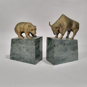 Photo of Vintage Gatco Solid Brass Bear, Bull statuary book ends