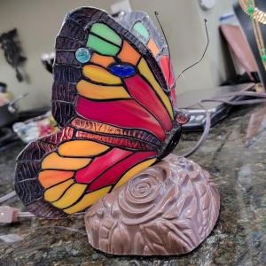 Photo of Butterfly stained glass lamp working