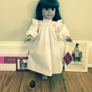 Photo of New American girl Samantha Gown, shoes, book, box