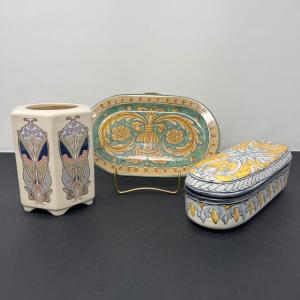 Photo of Art Nouveau Vase, Trinket, and Dish Trio - Signed