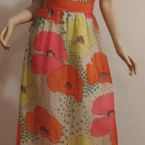 Photo of Exquisite vtg 70s Floral Chiffon Hostess Maxi dress w/Ruffles & Millinery Flower