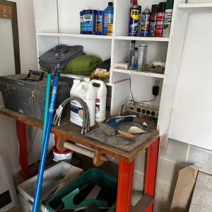 Photo of LOT 79: Garage Finds: Contents of Shelves, on Workbench and Below - Tool Box and