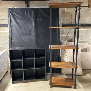 Photo of LOT 68: Wood and Metal Industrial Shelving Unit & Black Storage Cubes