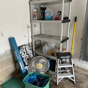 Photo of LOT 78: Shelf Unit, Contents, Fan, Step Ladder, Shovel and More
