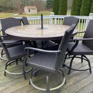 Photo of LOT 88: Round Table Patio Set with Six Swivel Chairs, Cushions and Allen + Roth 