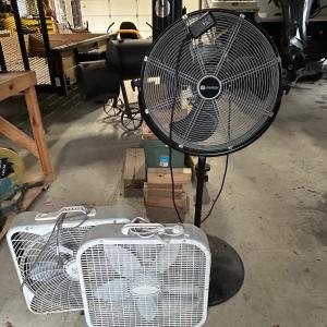 Photo of LOT 113: Set of Portable Fans - Utilitech Stand Fan and Two Box Fans