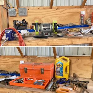 Photo of LOT 107: Garage Finds: Contents of Top Shelf of Workbench - Ryobi Grinder, Orang