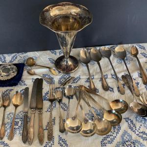 Photo of Large Silver Plate Lot Looking Glass Flatware Vase