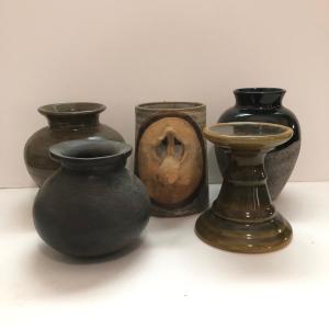 Photo of LOT 216U: Vintage Pottery Collection - Signed Face Mug, Vases & Candle Stand