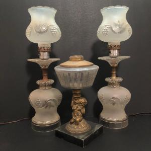 Photo of LOT 64U: Antique / Vintage Lamps - Electric Frosted Glass Hurricane Lamps & Comp