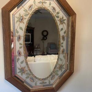 Photo of Vintage large mirror wirh blue & pink trim. 31” x 22”. beauriful. ready to h