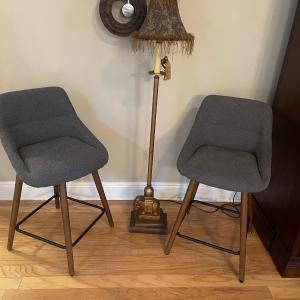 Photo of 2 Beautiful Gray Padded Swivel Bar Stools. From Seat To Floor Measures Standard 