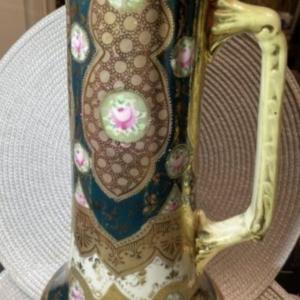 Photo of Antique Victorian Era Decorated Tankard/Pitcher Unmarked Base 13.5" Tall in Good