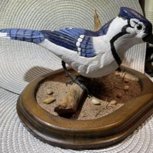 Photo of Hand Carved & Hand Painted Signed by Artist BLUEJAY Wooden Bird on Driftwood wit