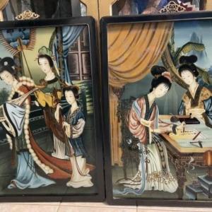 Photo of Pair of Vintage Chinese Reverse Glass Paintings 19.5" x 27.25" Preowned from an 