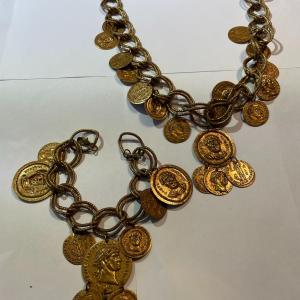 Photo of Vintage Mid-Century Brass Ancient Coin Style Necklace 19" & Charm Bracelet 7.5" 