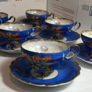 Photo of 6-Vintage Royal Sealy China Japan 6 Footed Espresso Cups & Saucers Lusterware Su