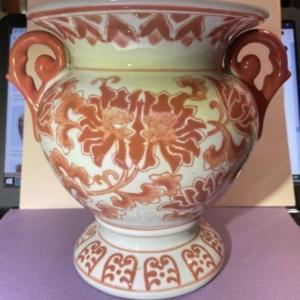 Photo of Vintage Asian Hand Painted Porcelain Double Handled Coral Colored 8" Tall Heavy 