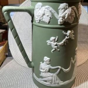 Photo of Antique Sage Green Unmarked Base Jasperware Large Pitcher 9" Tall in VG Preowned