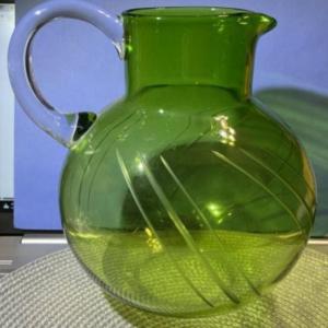 Photo of Vintage Large Mid Century Etched Green Glass Ball Pitcher in Good Preowned Condi