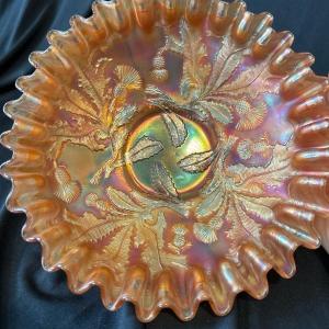 Photo of Carnival glass Vintage Fenton Marigold Thistle Pattern Bowl 8 1/4"