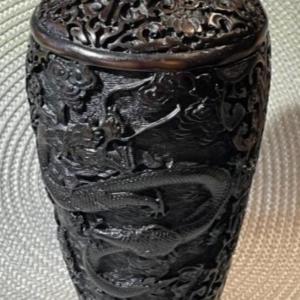 Photo of Vintage Chinese Black/Brown Carved Cinnabar 8.5" Tall Dragon Vase w/Wooden Stand