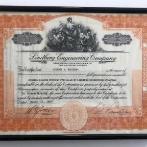 Photo of Framed Lindberg Engineering Company Stock Certificate