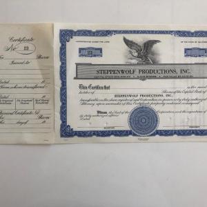 Photo of Steppenwolf Productions Inc. Blank Stock Certificate