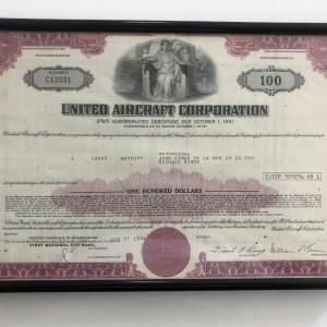 Photo of Framed United Aircraft Corporation Stock Certificate