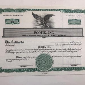 Photo of Pootie, Inc. Blank Stock Certificate