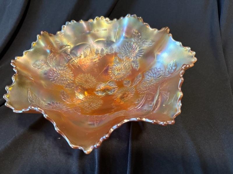 Photo 1 of Fenton rare 1930s marigold 3 footed glass bowl carnival glass iridescent windmil