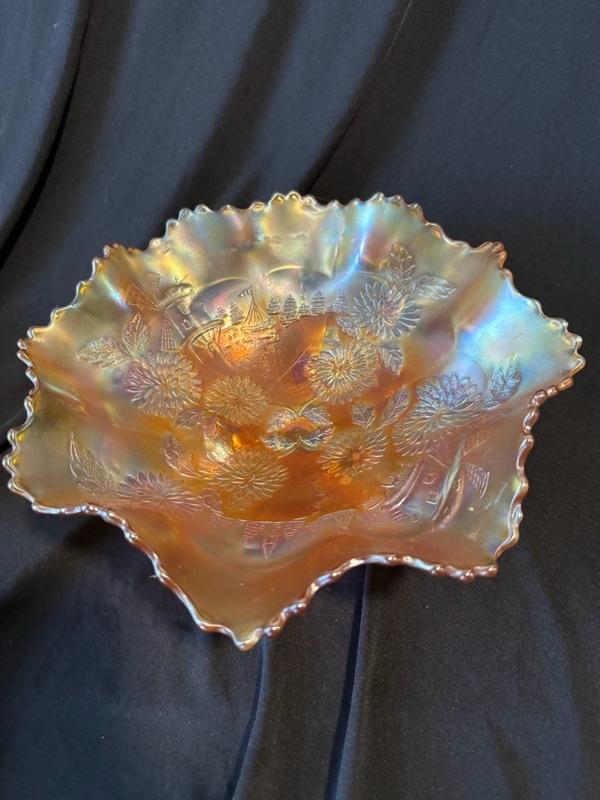 Photo 2 of Fenton rare 1930s marigold 3 footed glass bowl carnival glass iridescent windmil