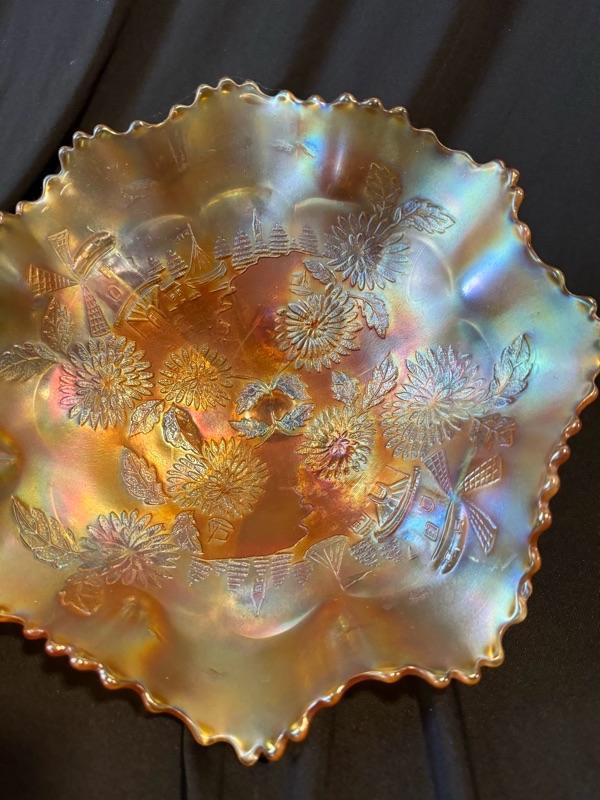 Photo 3 of Fenton rare 1930s marigold 3 footed glass bowl carnival glass iridescent windmil