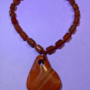 Photo of Vintage Nicely Made Carnelian Fashion Bead Necklace 16" w/Stone Pendant in VG Pr