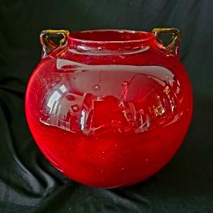 Photo of Hand blown Glass Ruby Red Rose Bowl, heavy large centerpiece